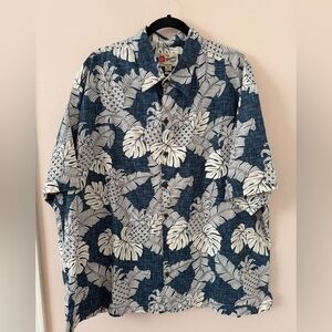 Hilo Hattie Hawaiian Shirt Mens 3XL Blue Pineapple Coconut Button USA Vintage